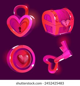 Colección de activos de forma de corazón aislados sobre fondo negro. Ilustración de dibujos animados de Vector de neón color rosa cerradura, llave, cofre del tesoro de madera, moneda, símbolo de amor vintage, juego de Elementos de diseño ui