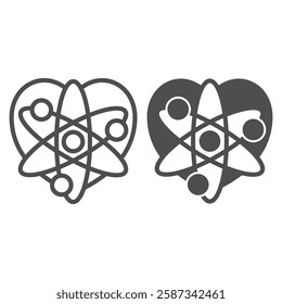 Heart shape with atom structure line and solid icon, laboratory experiment concept. Vector graphics. Chemistry test sign on white background, outline style icon for mobile or web design