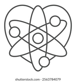 Heart shape with atom structure thin line icon, laboratory experiment concept. Vector graphics. Chemistry test sign on white background, outline style icon for mobile or web design