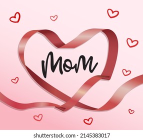 Heart shape Background. Realistic satin ribbon heart with hand lettering element. 
