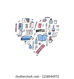 Heart shape badge of school things. Set of vector office supplies. Collection of stationery in doodle style. 