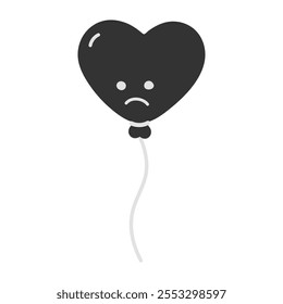 Heart shape balloon on rope with sad smiley face. Cute character in dark shades Black Day greeting