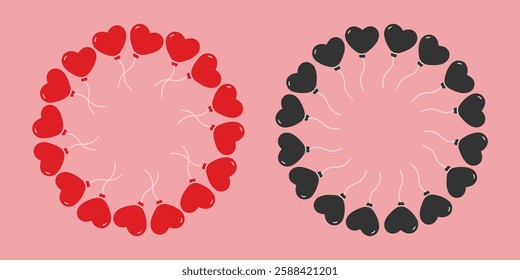 Heart shape balloon on rope Red and Black Circular Frame borders St Valentine Day Template Copyspace