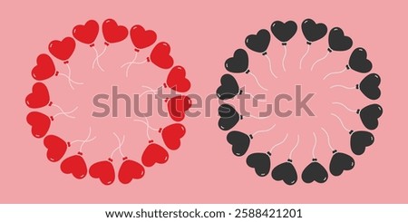 Heart shape balloon on rope Red and Black Circular Frame borders St Valentine Day Template Copyspace