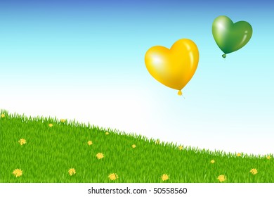 Globos De Forma Cardíaca Sobre La Colina De Grass Con Flores Amarillas