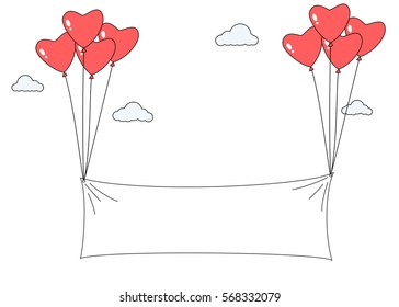 Heart shape balloons carrying blank banner