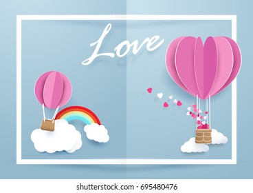 Heart shape balloons flying over clouds and rainbow in white frame background. Valentines day and love concept
