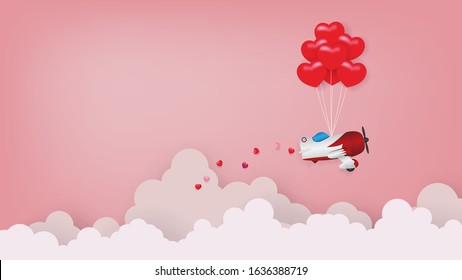Heart shape balloons hang propeller airplane while releases hearts in to sky with cloud background, Illustration vector for Valentine day decorations