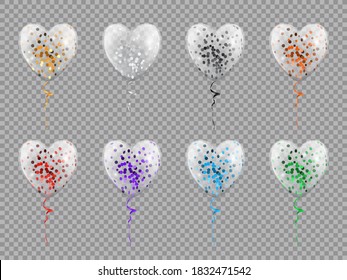 Heart shape balloons isolated party decor objects with confetti inside isolated on transparent. Vector heart-shape helium balloons, birthday and anniversary decor, Valentines day holidays decoration