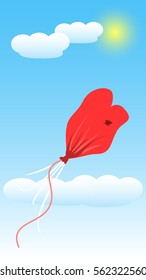 Heart Shape Of Baloon on Blue Sky and White Clouds. Valentines Day. Vector illustration