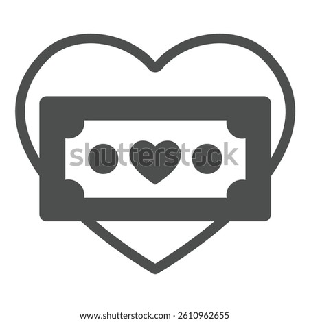 Heart shape with banknote solid icon, charity concept. Vector graphics. money on love heart, donation sign on white background, glyph style icon for mobile or web design