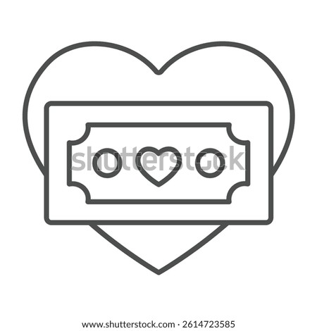 Heart shape with banknote thin line icon, charity concept. Vector graphics. money on love heart, donation sign on white background, linear style icon for mobile or web design