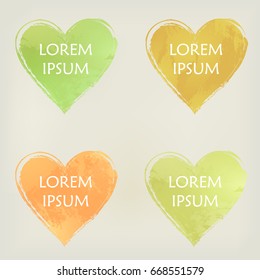 Heart shape banners template. Watercolor splashes, yellow, orange, green. Vector illustration