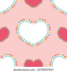 Heart Shape Banners With Vivid Multicolored Flowers Seamless Pattern, Pastel Backdrop, Vintage Style Wallpaper, Flowers Wreath Print, Cute and Minimal Elements, Botanical Decoration, Romantic Greeting