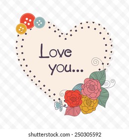 Heart shape beautiful frame with text Love You decorated by colorful flowers and buttons for Happy Valentine's Day celebration.