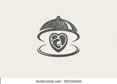 Heart shape beef steak silhouette served on tray with open cloche hand drawn stamp effect vector illustration. Vintage grunge texture emblem for package and menu design or label decoration.