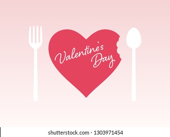 Heart Shape Bite Mark With Spoon And Fork Love Concept For Design Elements Of Food Menu, Promotion Poster In Valentines Day   