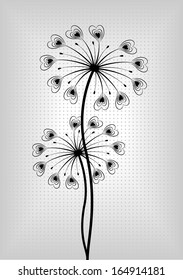 Heart shape black dandelions on dotted background