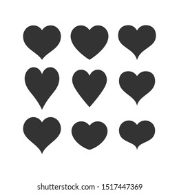 Heart shape black vector icon set. Heart symbol simple shape set for decoration.