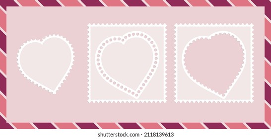 heart shape blank postage stamps on pink envelope background