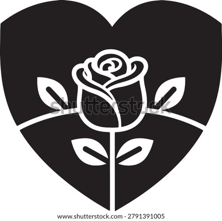 Heart shape with a blooming rose and leaves. Symbol of love, romance, and affection. Graphic design element for decorative purposes.