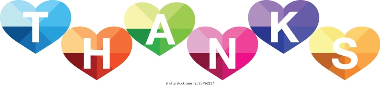 heart shape blue orange green pink purple and yellow color with words thanks white color, thanks words vector illustration isolated on white background.