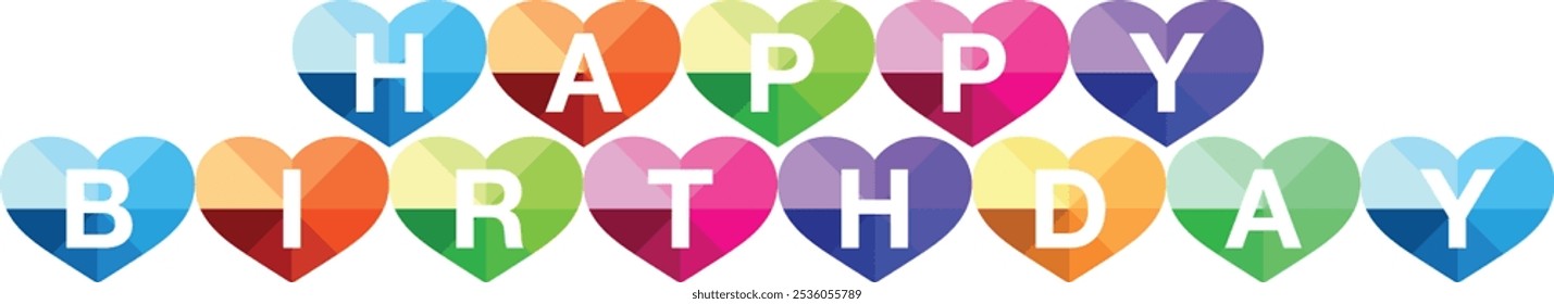 heart shape blue orange green pink purple yellow red and green color with words happy birthday white color, happy birthday words vector illustration isolated on white background.