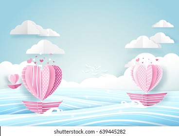 Heart shape boat in the sea and cloud sky. Love concept. Paper art and origami style