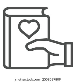 Heart shape at book in hand line icon, book crossing concept. Vector graphics. Favorite textbook sign on white background, outline style icon for mobile or web design