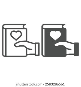 Heart shape at book in hand line and solid icon, book crossing concept. Vector graphics. Favorite textbook sign on white background, outline style icon for mobile or web design