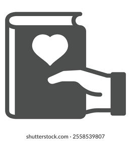 Heart shape at book in hand solid icon, book crossing concept. Vector graphics. Favorite textbook sign on white background, glyph style icon for mobile or web design