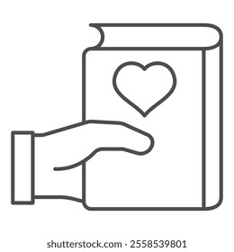 Heart shape at book in hand thin line icon, book crossing concept. Vector graphics. Favorite textbook sign on white background, outline style icon for mobile or web design