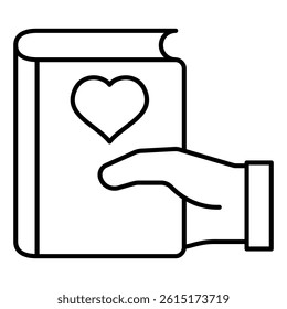 Heart shape at book in hand thin line icon, book crossing concept. Vector graphics. Favorite textbook sign on white background, style mobile or design