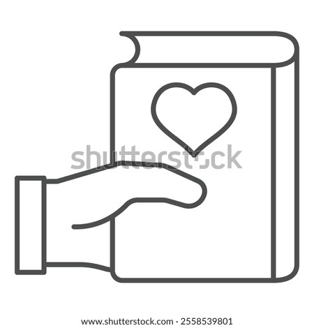 Heart shape at book in hand thin line icon, book crossing concept. Vector graphics. Favorite textbook sign on white background, outline style icon for mobile or web design