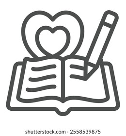 Heart shape with book line icon, world writers holiday concept. Vector graphics. Opened favorite notebook and pencil sign on white background, outline style icon for mobile or web design