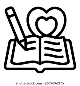 Heart shape with book line icon, world writers holiday concept. Vector graphics. Opened favorite notebook and pencil sign on white background, style mobile or design