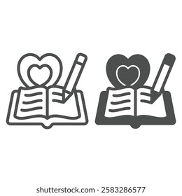 Heart shape with book line and solid icon, world writers holiday concept. Vector graphics. Opened favorite notebook and pencil sign on white background, outline style icon for mobile or web design