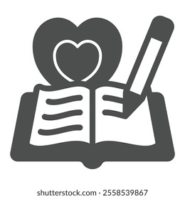 Heart shape with book solid icon, world writers holiday concept. Vector graphics. Opened favorite notebook and pencil sign on white background, glyph style icon for mobile or web design