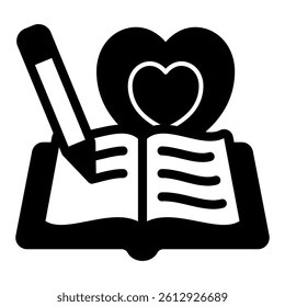 Heart shape with book solid icon, world writers holiday concept. Vector graphics. Opened favorite notebook and pencil sign on white background, glyph style mobile or design