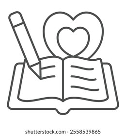 Heart shape with book thin line icon, world writers holiday concept. Vector graphics. Opened favorite notebook and pencil sign on white background, outline style icon for mobile or web design