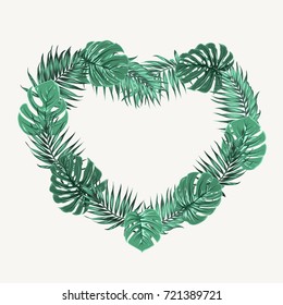 Heart shape border frame of bright green exotic tropical jungle rainforest palm tree and monstera leaves. Love feelings sign symbol object element isolated on white background.