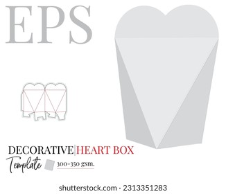 Heart shape box die cut template, vector. Decorative gift box in a shape of a heart, illustration. White clear blank heart box mock up isolated on white background. Packaging design.