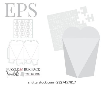 Heart shape box and puzzle die cut template, vector. Decorative gift box in a shape of a heart, illustration. White clear blank heart box mock up isolated on white background. Packaging design.