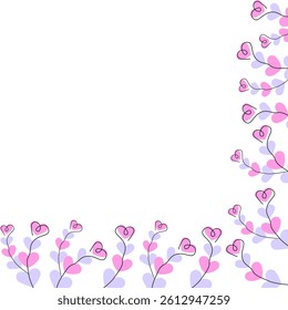 Heart shape branches on pink and lavender heart Corner Frame border Greeting Copyspace Template idea