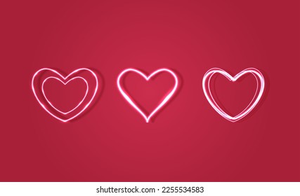 Heart shape, bright heart or neon heart on pink background. suitable for happy valentine's day and mother's day decoration. Set of hearts vector design.