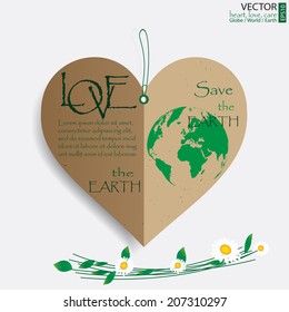 heart shape of brown recycle paper with green globe logo and copy space for brochure, love the earth design concept, vector illustrator