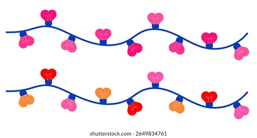 Heart shape bulb. Valentine bulb lamp clip art cartoon style doodle. Romantic valentine. Various lamps on string isolated in white background