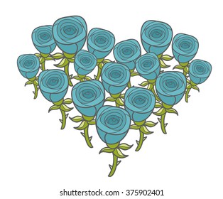 Heart shape bunch of blue roses. Vector illustration for romantic card cover.
