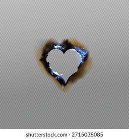 Heart shape burned through white textured paper revealing a glowing blue light from behind