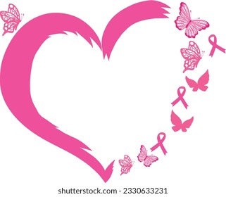 Heart shape with butterfies and pink ribbon. National breast cancer awareness month. vector